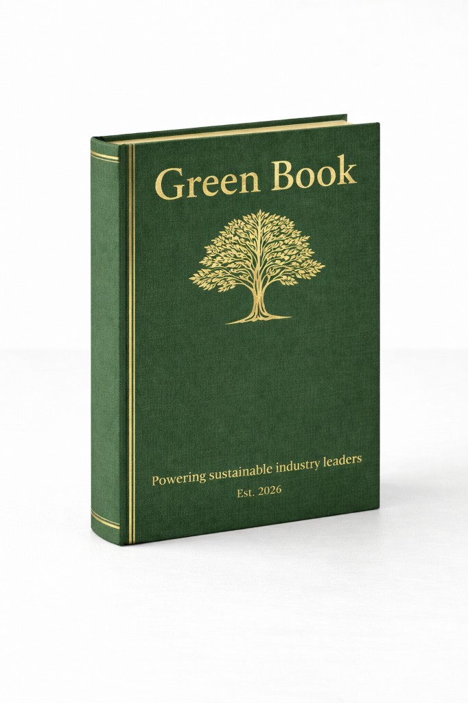 A dark green cloth-bound book titled Green Book with gold foil lettering and a gold tree illustration.