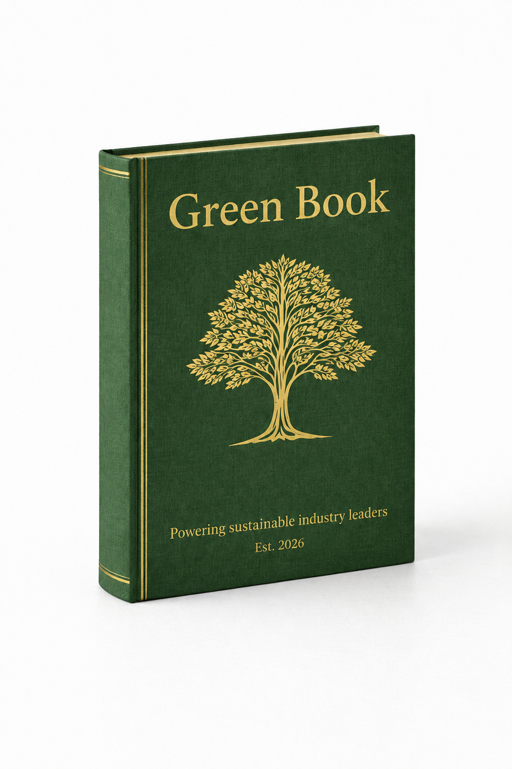 A dark green cloth-bound book titled Green Book with gold foil lettering and a gold tree illustration.